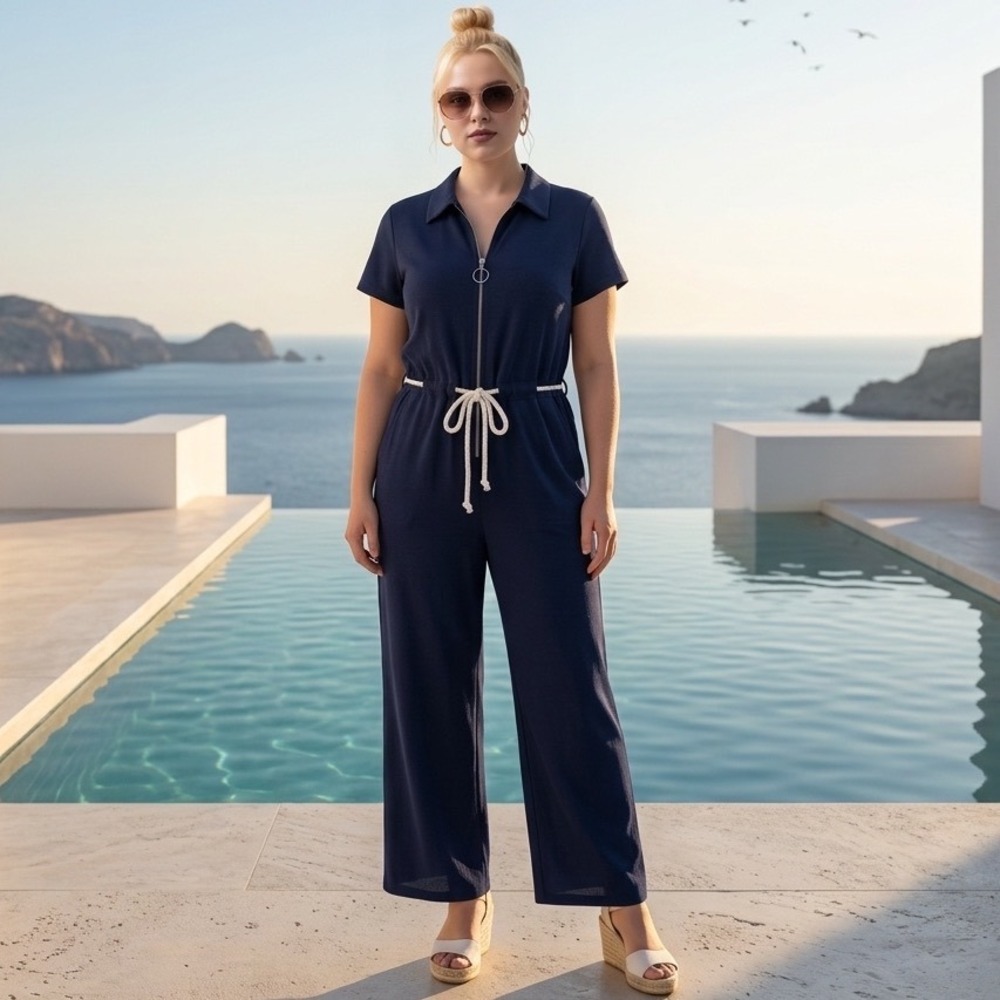 Nautical‎ Womens Navy Blue Zip Front Rope Tie Waist Wide Leg Jumpsuit 0X Beach